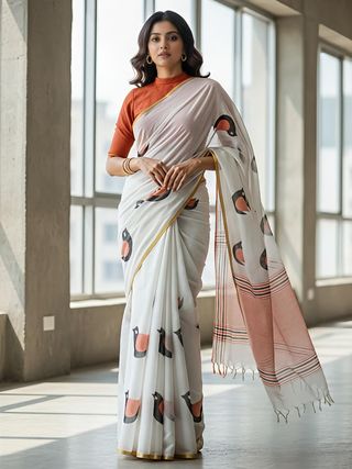 Elegant White Linen Saree with Bird Digital Print & Gold Border