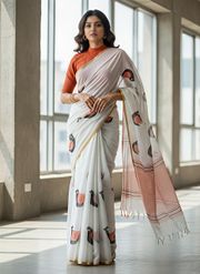 Elegant White Linen Saree with Bird Digital Print & Gold Border - White