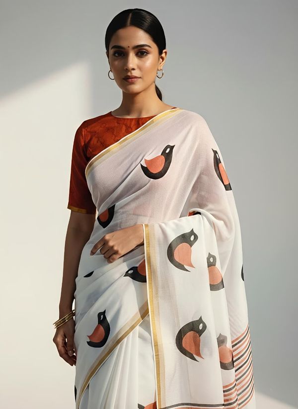 Elegant White Linen Saree with Bird Digital Print & Gold Border