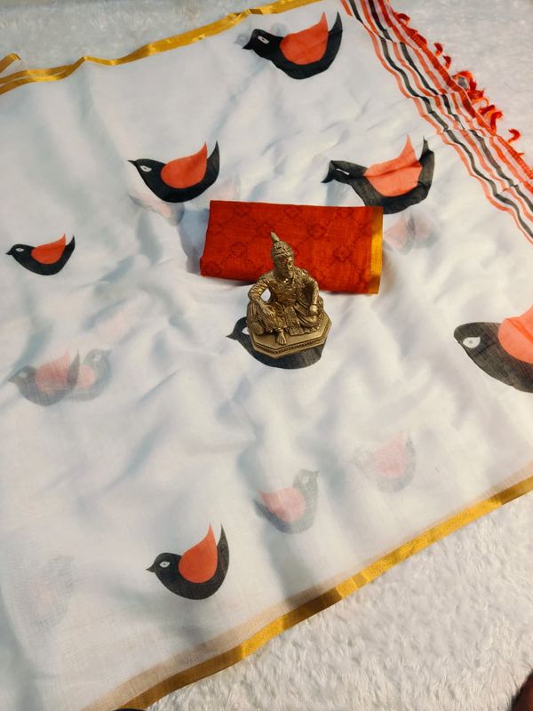 Elegant White Linen Saree with Bird Digital Print & Gold Border