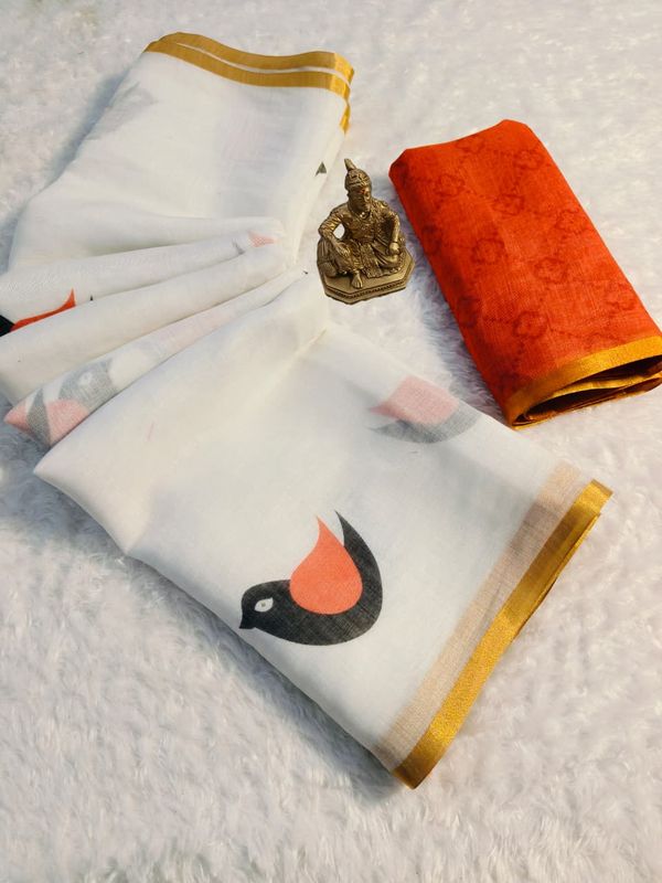 Elegant White Linen Saree with Bird Digital Print & Gold Border