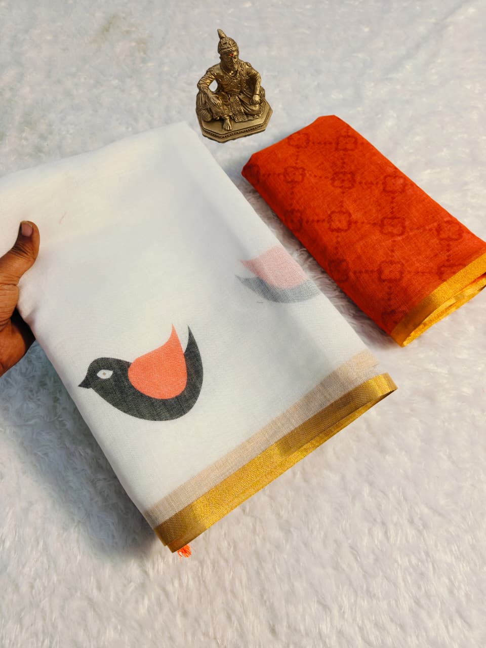 Elegant White Linen Saree with Bird Digital Print & Gold Border