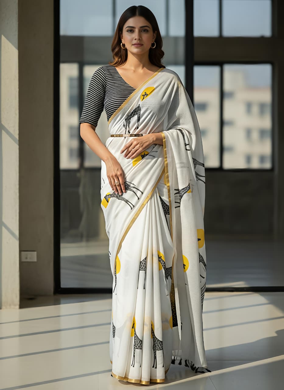 White Giraffe Print Linen Saree with Gold Border