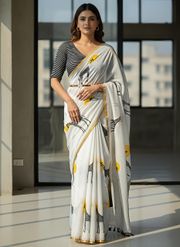 White Giraffe Print Linen Saree with Gold Border - White