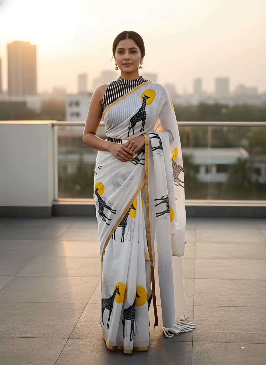 White Giraffe Print Linen Saree with Gold Border