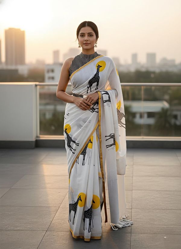 White Giraffe Print Linen Saree with Gold Border