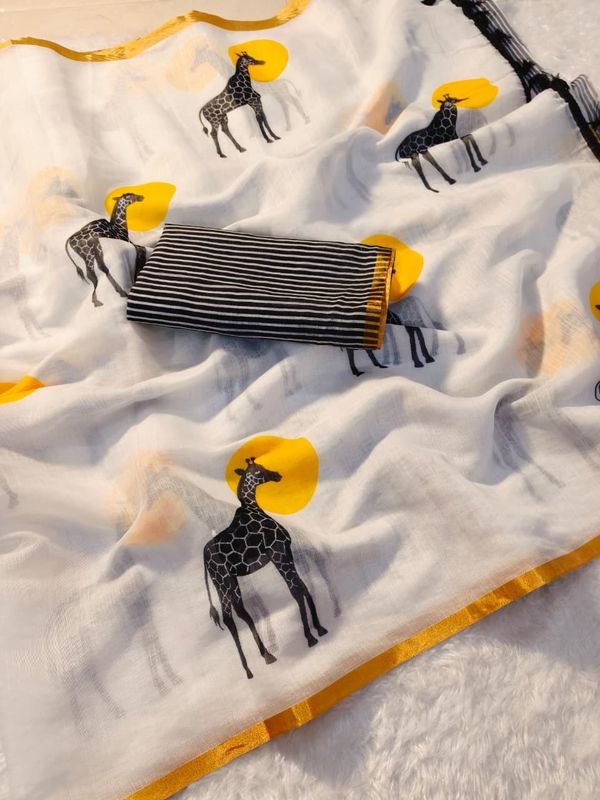 White Giraffe Print Linen Saree with Gold Border