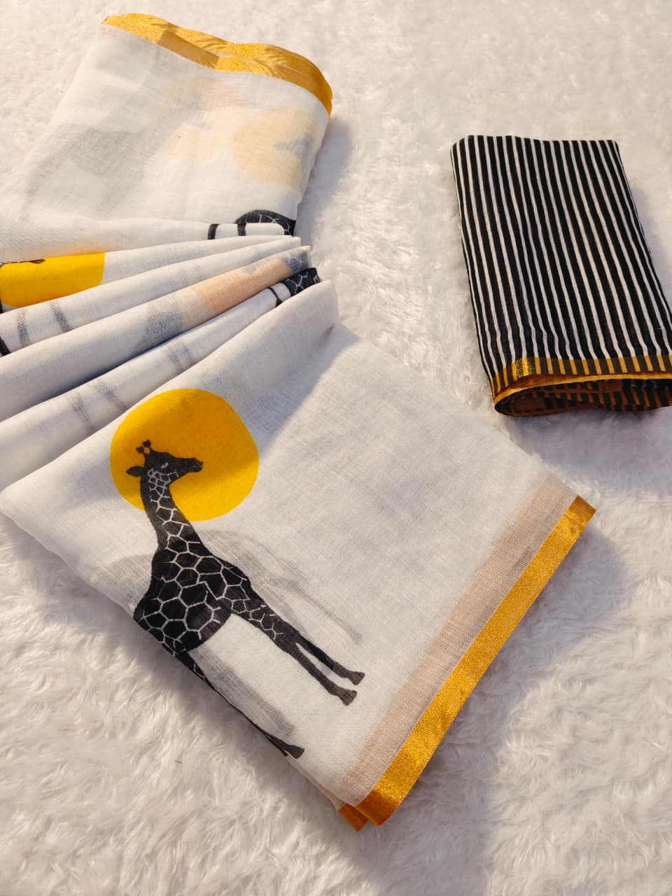 White Giraffe Print Linen Saree with Gold Border