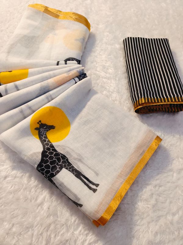White Giraffe Print Linen Saree with Gold Border