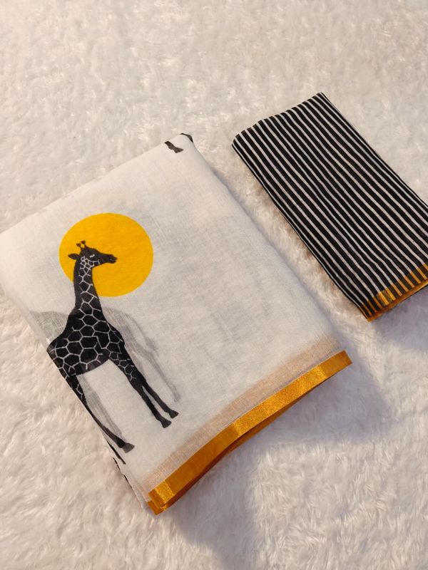 White Giraffe Print Linen Saree with Gold Border