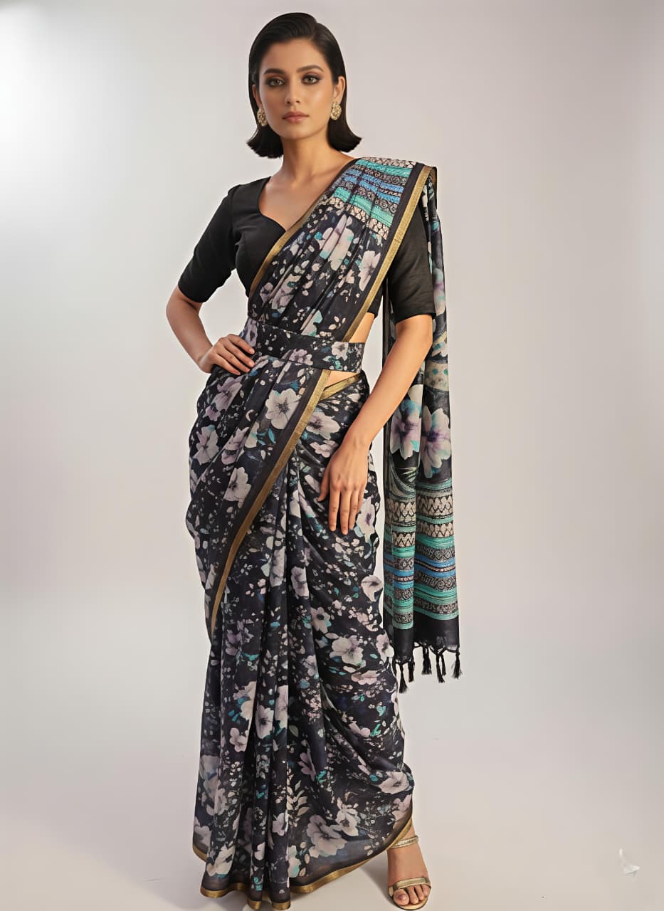 Party Wear Black Floral Linen Saree for Women