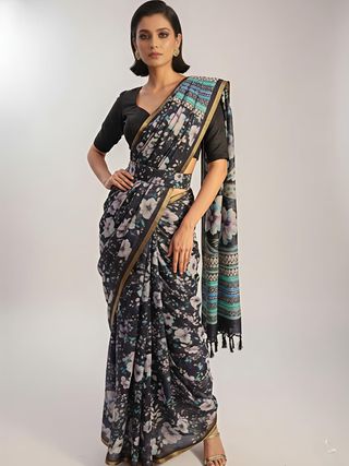 Party Wear Black Floral Linen Saree for Women