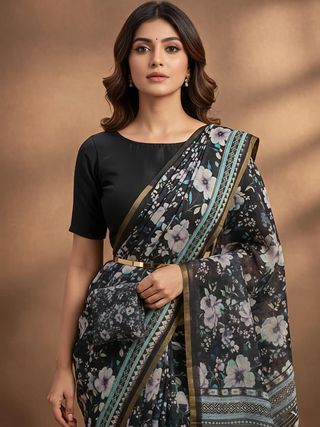 Party Wear Black Floral Linen Saree for Women