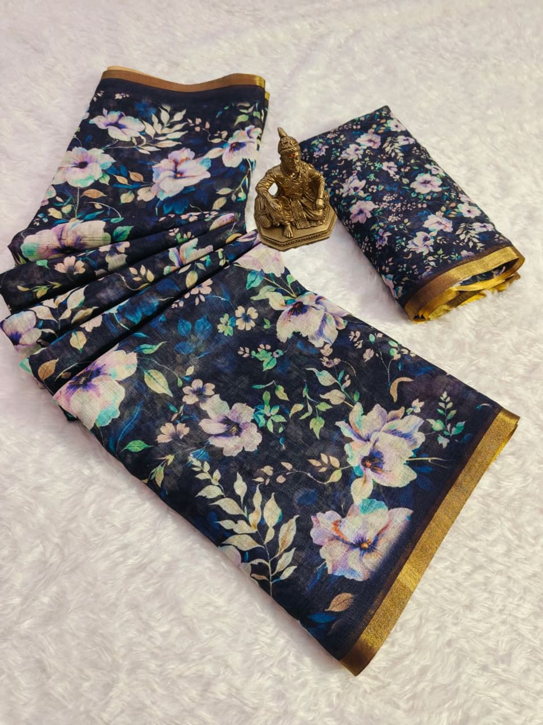 Party Wear Black Floral Linen Saree for Women