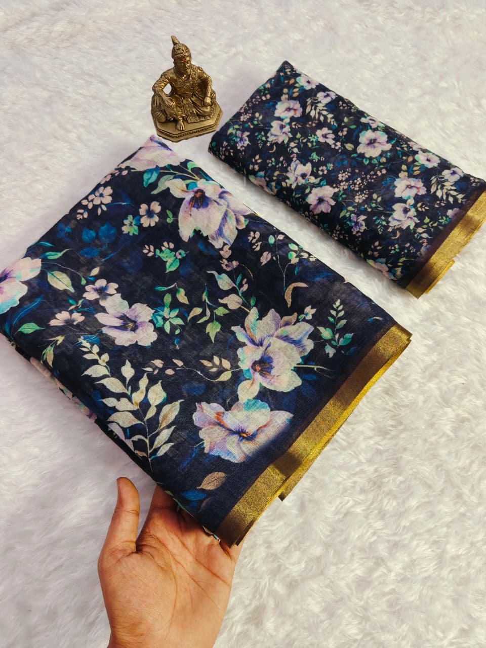 Party Wear Black Floral Linen Saree for Women