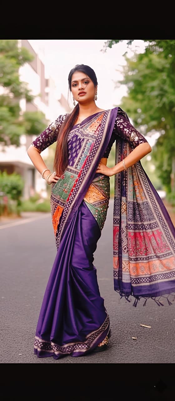 Purple Bandhej Mirror Work Masakali Saree