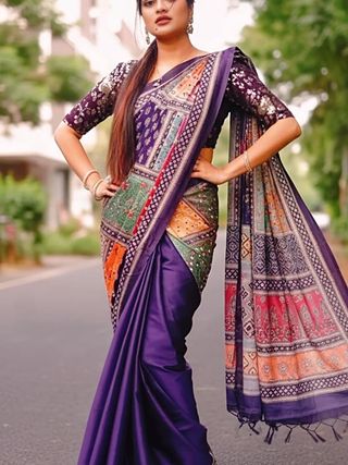Purple Bandhej Mirror Work Masakali Saree