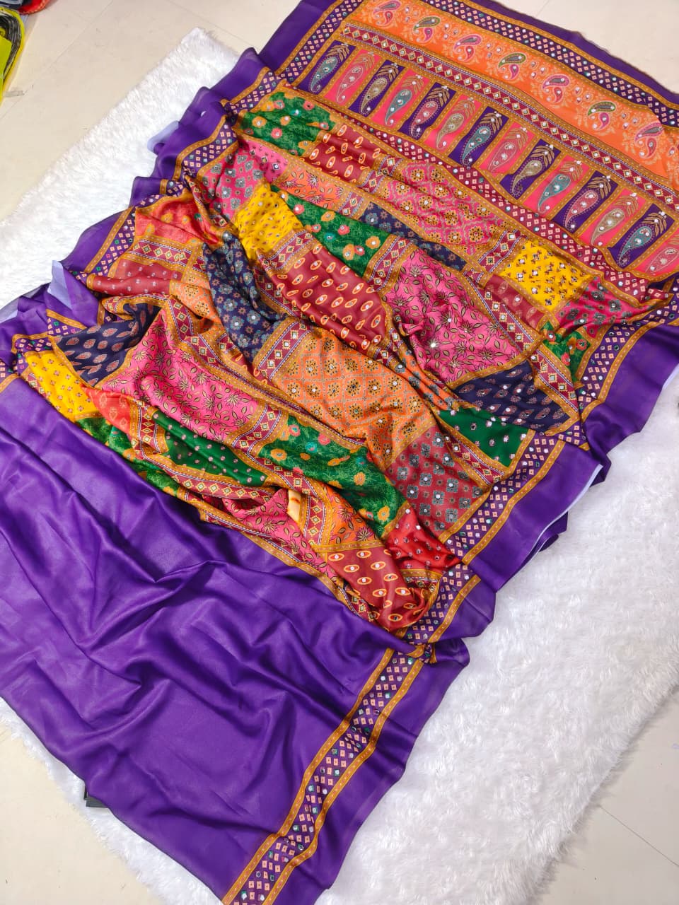 Purple Bandhej Mirror Work Masakali Saree
