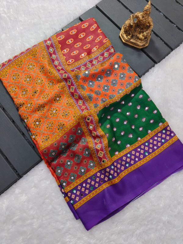 Purple Bandhej Mirror Work Masakali Saree