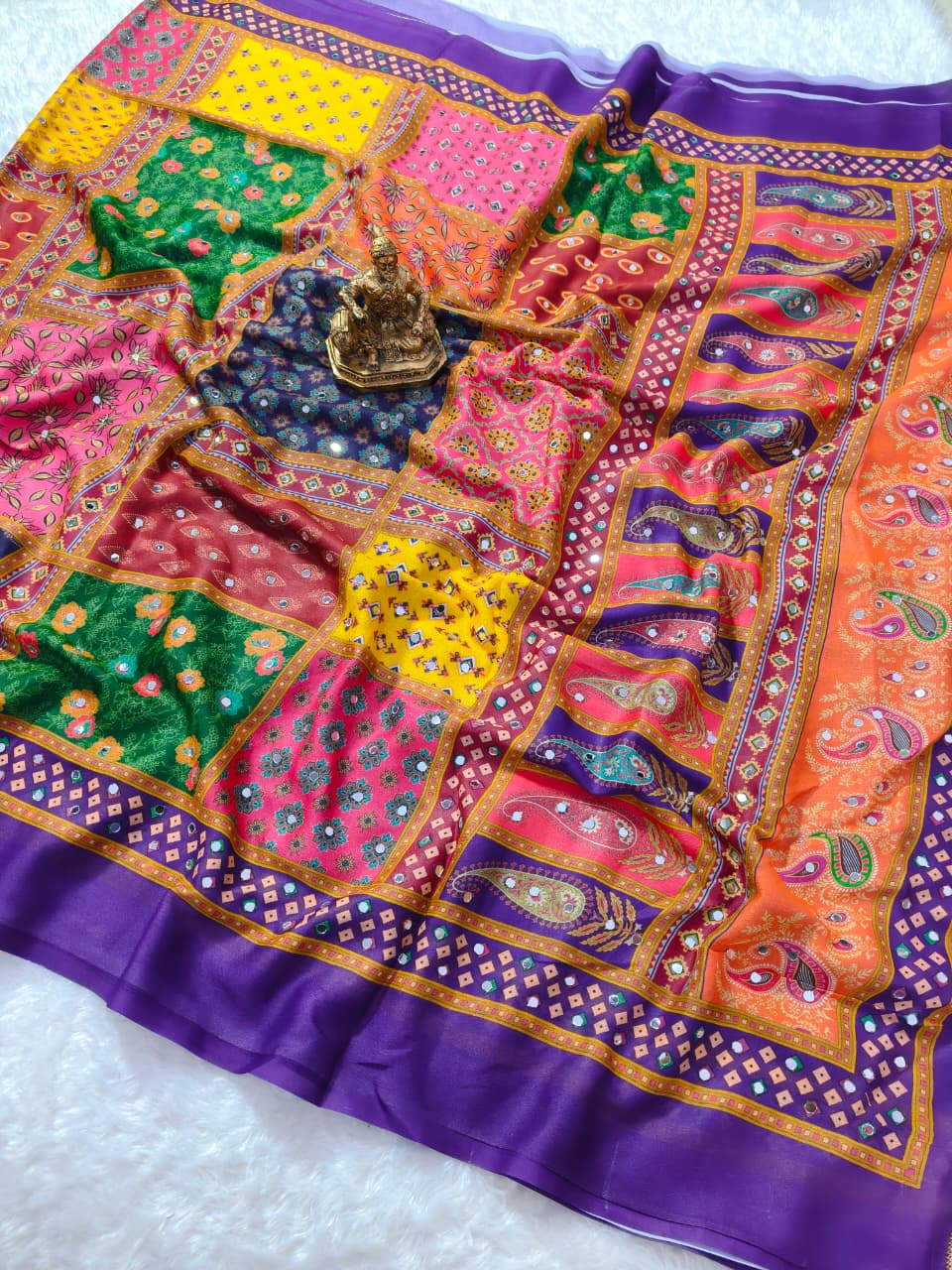 Purple Bandhej Mirror Work Masakali Saree