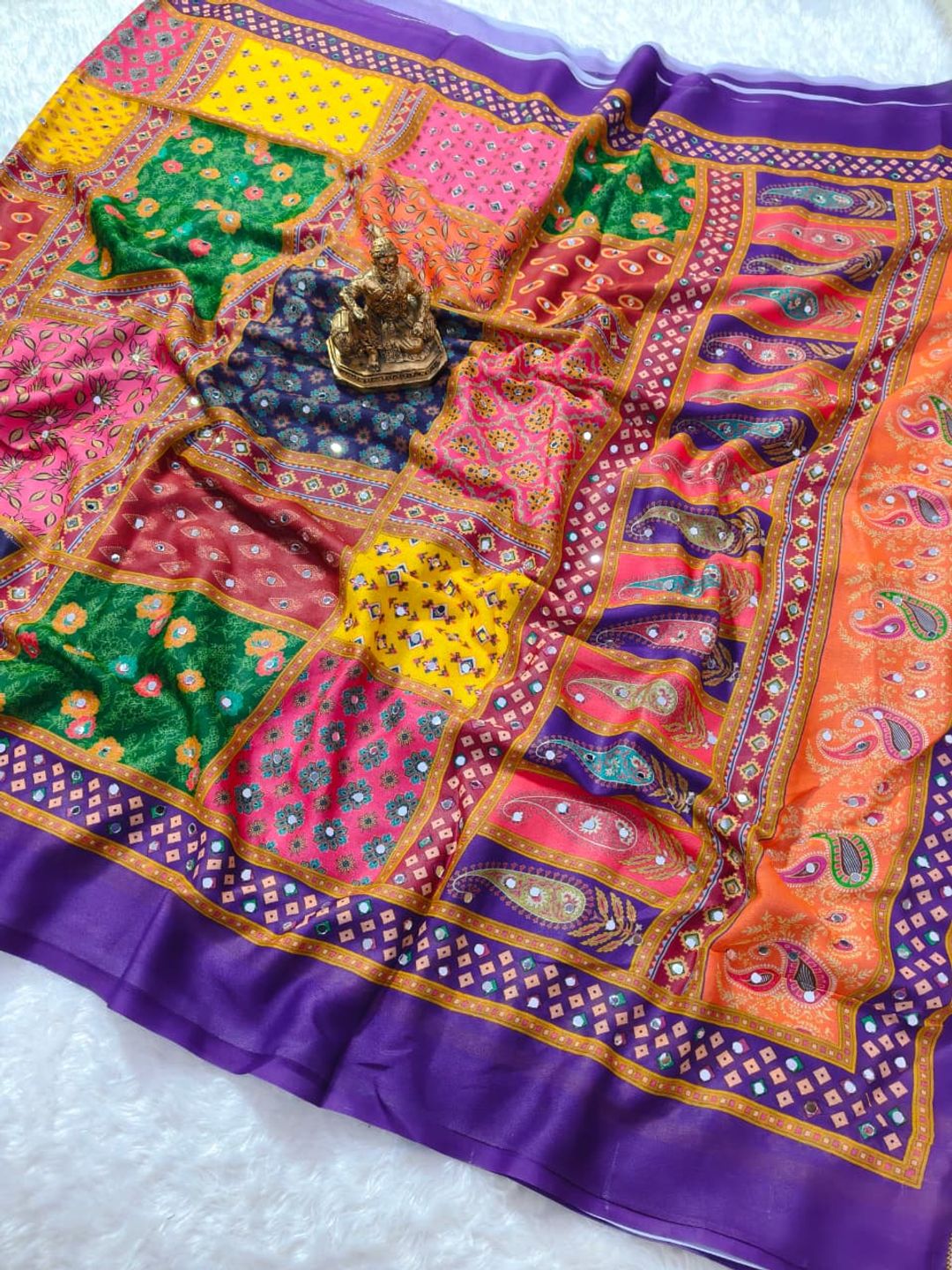 Purple Bandhej Mirror Work Masakali Saree