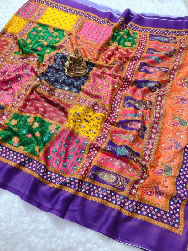 Purple Bandhej Mirror Work Masakali Saree