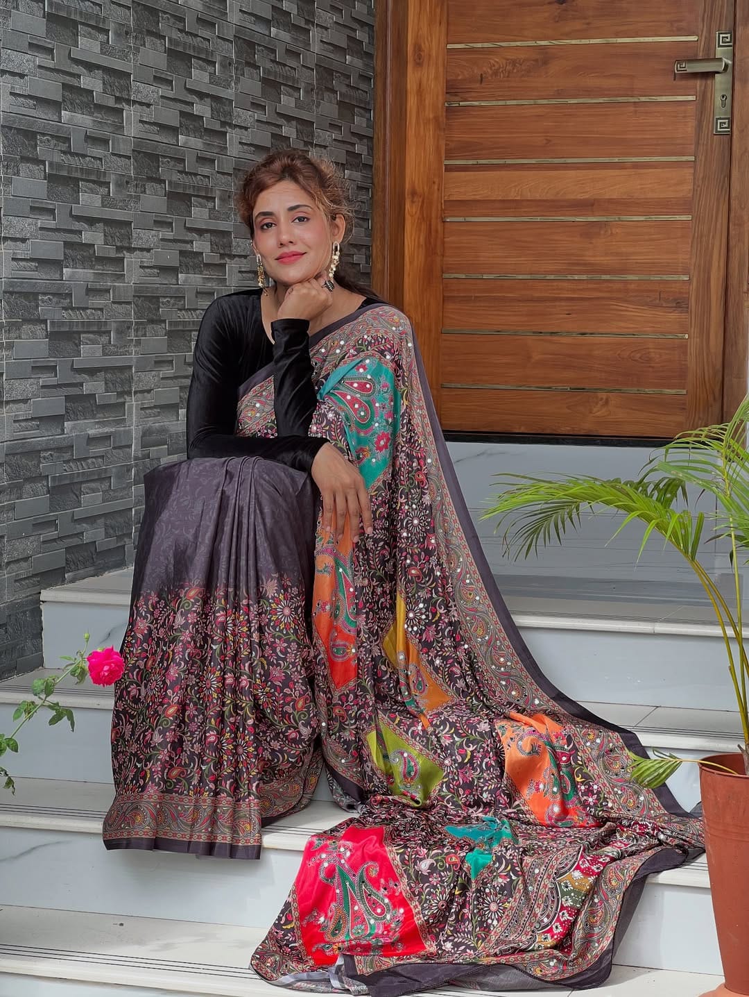 Black Ethnic Mirror Work Bandhej Silk Saree