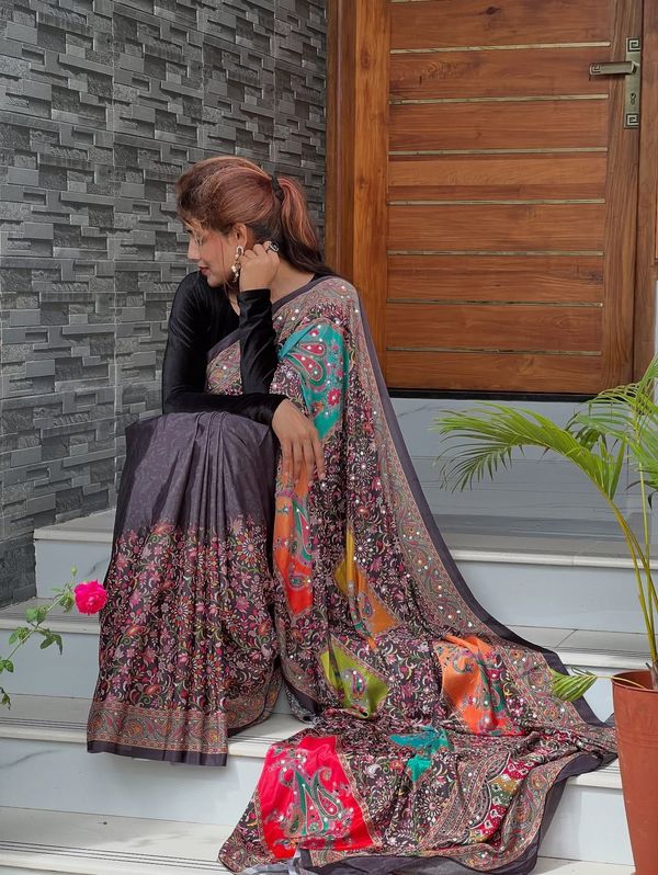 Black Ethnic Mirror Work Bandhej Silk Saree