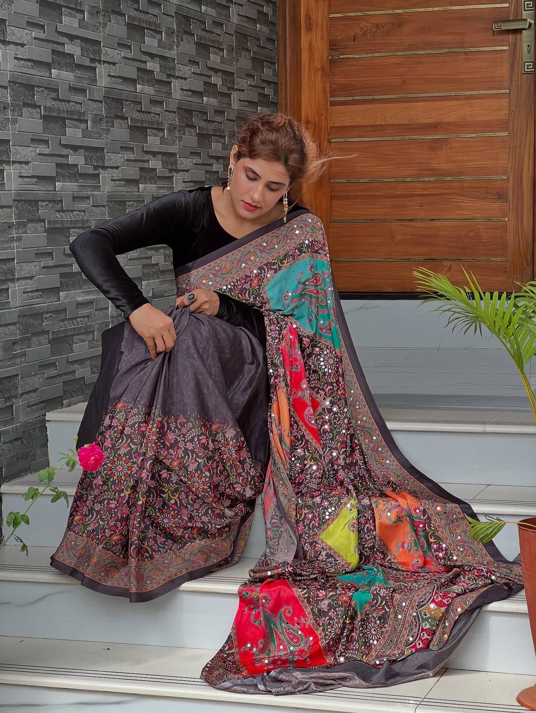 Black Ethnic Mirror Work Bandhej Silk Saree