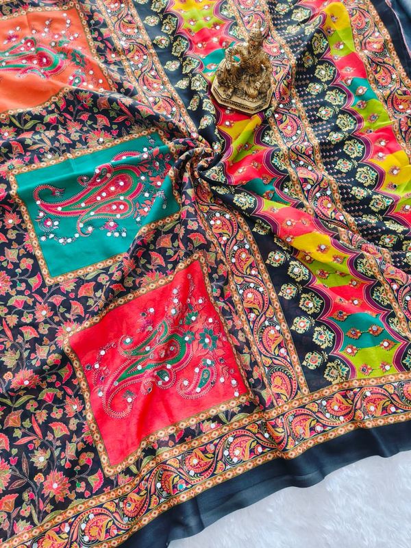 Black Ethnic Mirror Work Bandhej Silk Saree