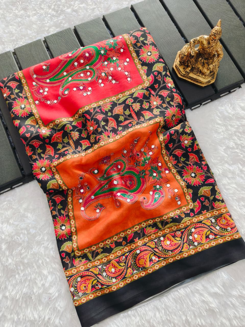 Black Ethnic Mirror Work Bandhej Silk Saree