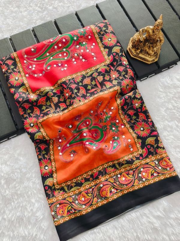 Black Ethnic Mirror Work Bandhej Silk Saree