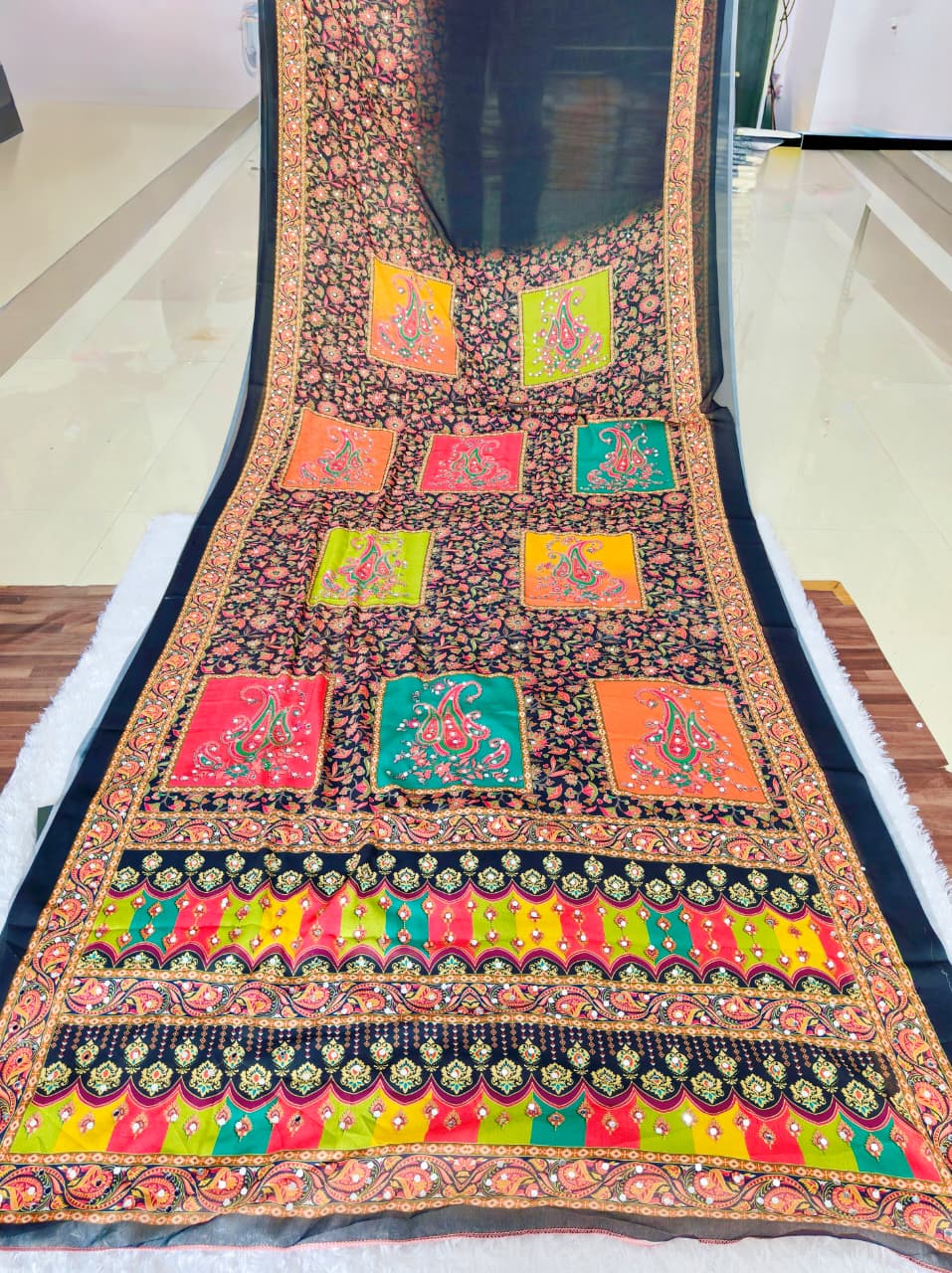 Black Ethnic Mirror Work Bandhej Silk Saree