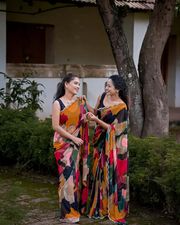 Swarovski Shine Mosaic Print Georgette Saree - multi color