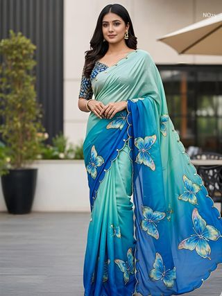 Rasmalai Butterfly Print Georgette Saree with Mirror Work