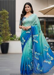 Rasmalai Butterfly Print Georgette Saree with Mirror Work - Blue