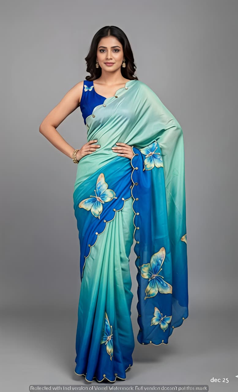 Rasmalai Butterfly Print Georgette Saree with Mirror Work