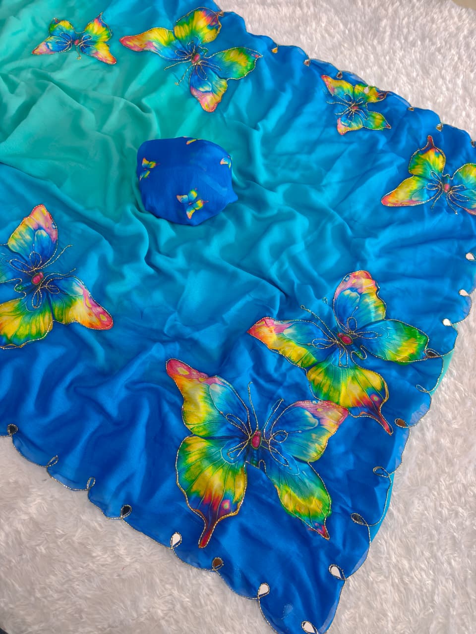 Rasmalai Butterfly Print Georgette Saree with Mirror Work