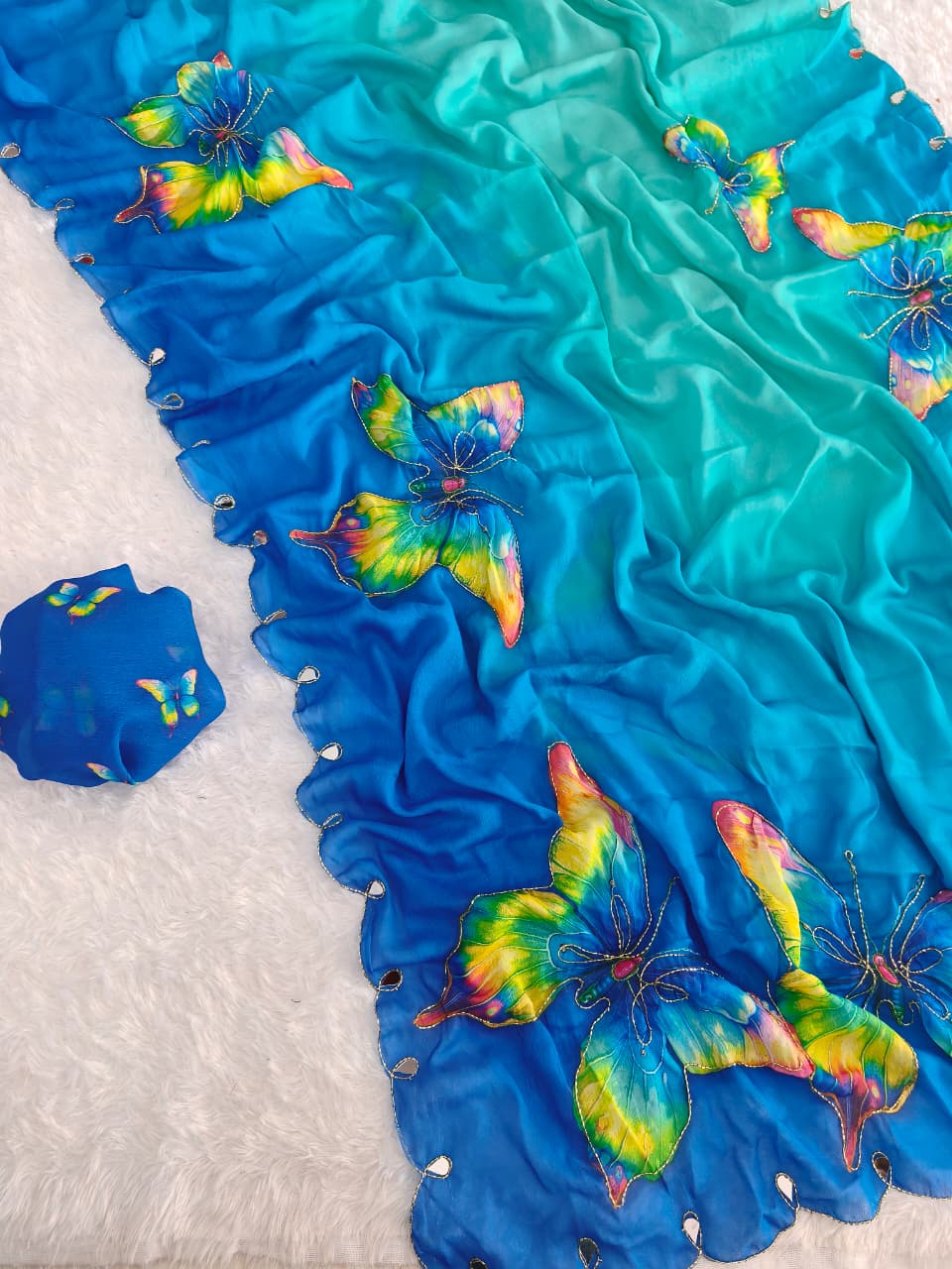 Rasmalai Butterfly Print Georgette Saree with Mirror Work