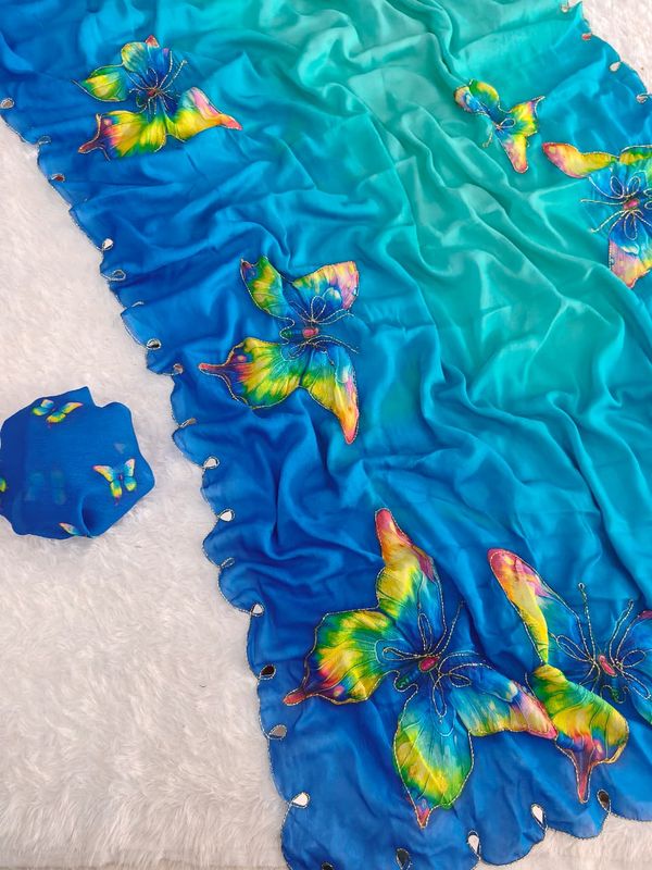 Rasmalai Butterfly Print Georgette Saree with Mirror Work