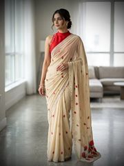 Designer Rose Floral Print Mirror Work Saree with Matching Blouse for Women - Cream