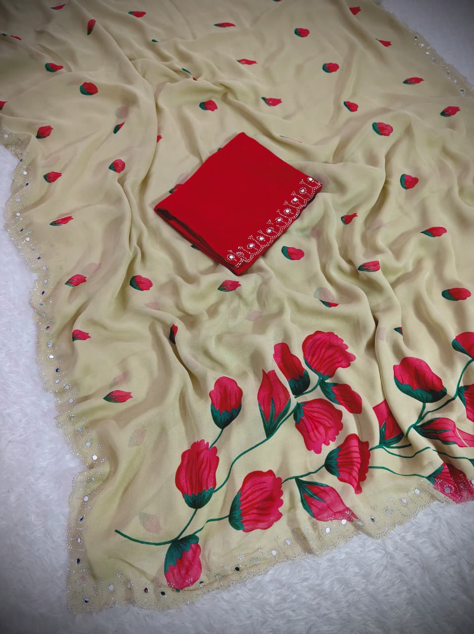 Designer Rose Floral Print Mirror Work Saree with Matching Blouse for Women