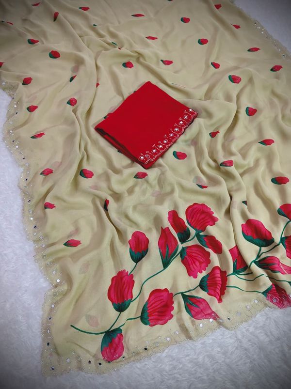 Designer Rose Floral Print Mirror Work Saree with Matching Blouse for Women