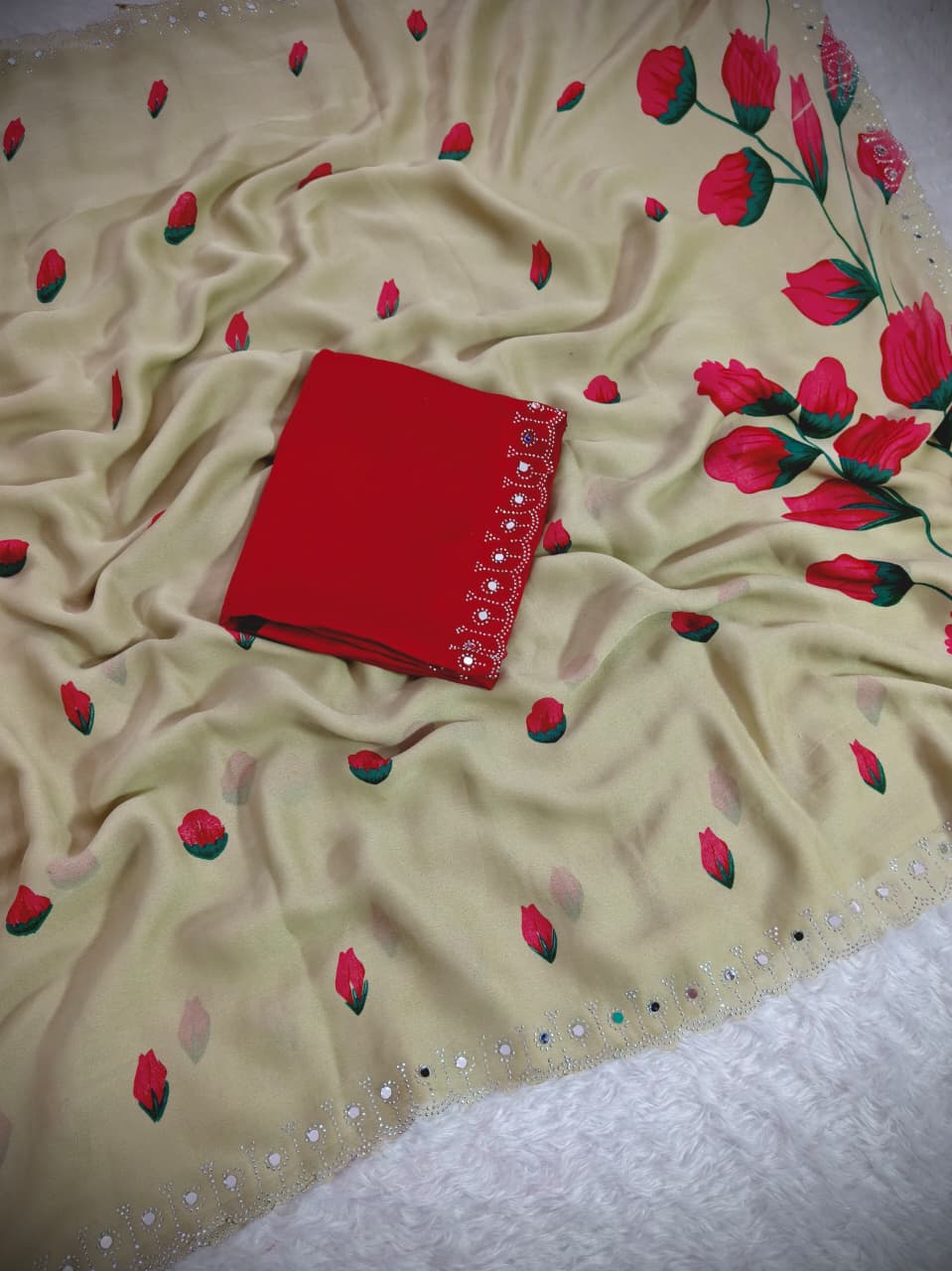 Designer Rose Floral Print Mirror Work Saree with Matching Blouse for Women