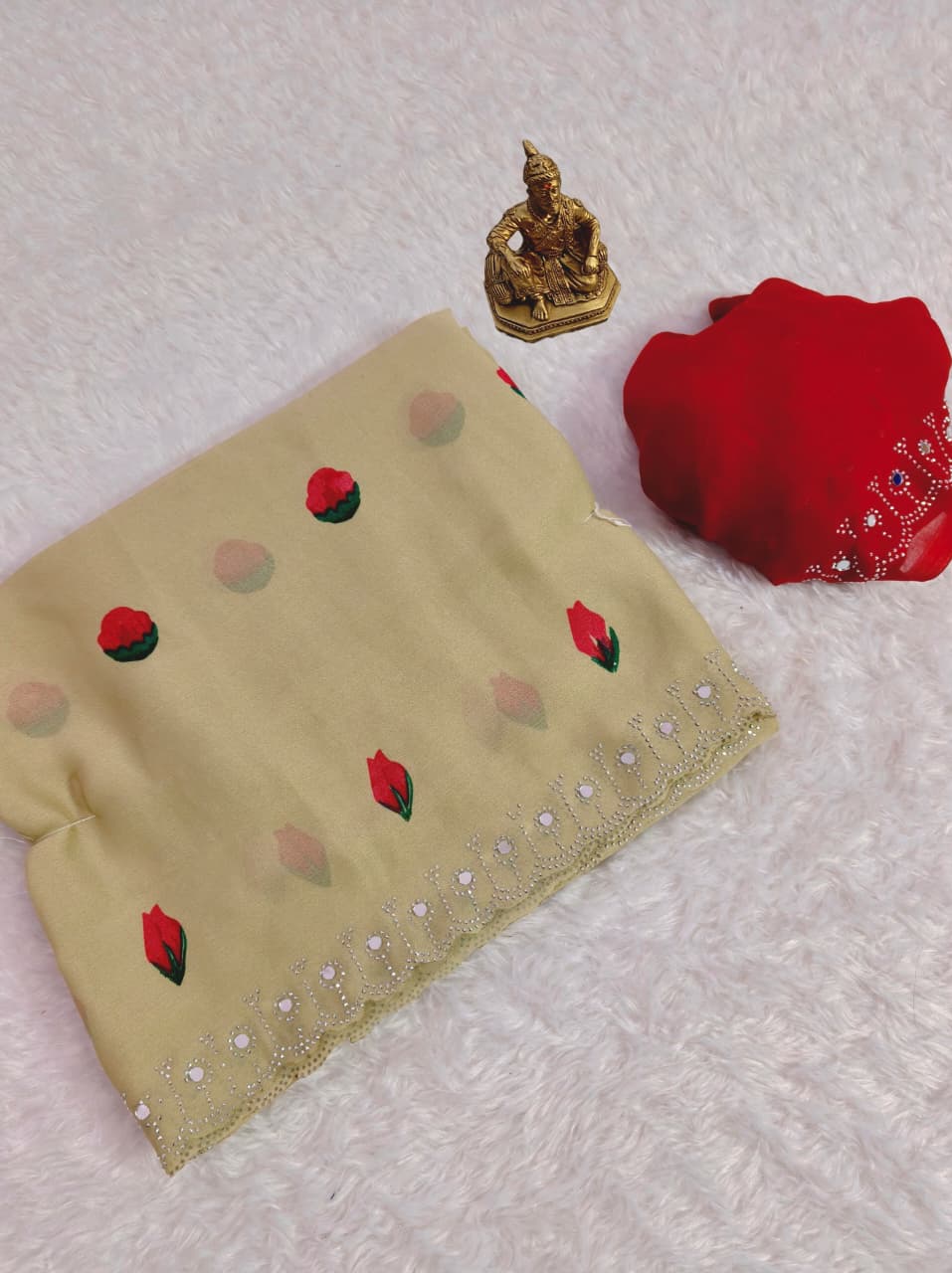 Designer Rose Floral Print Mirror Work Saree with Matching Blouse for Women