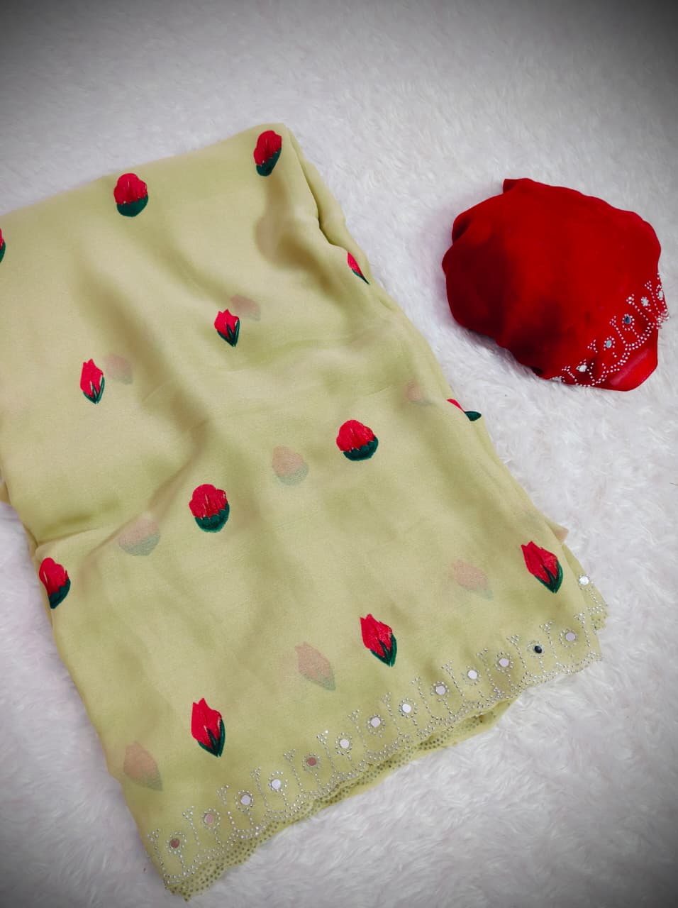 Designer Rose Floral Print Mirror Work Saree with Matching Blouse for Women