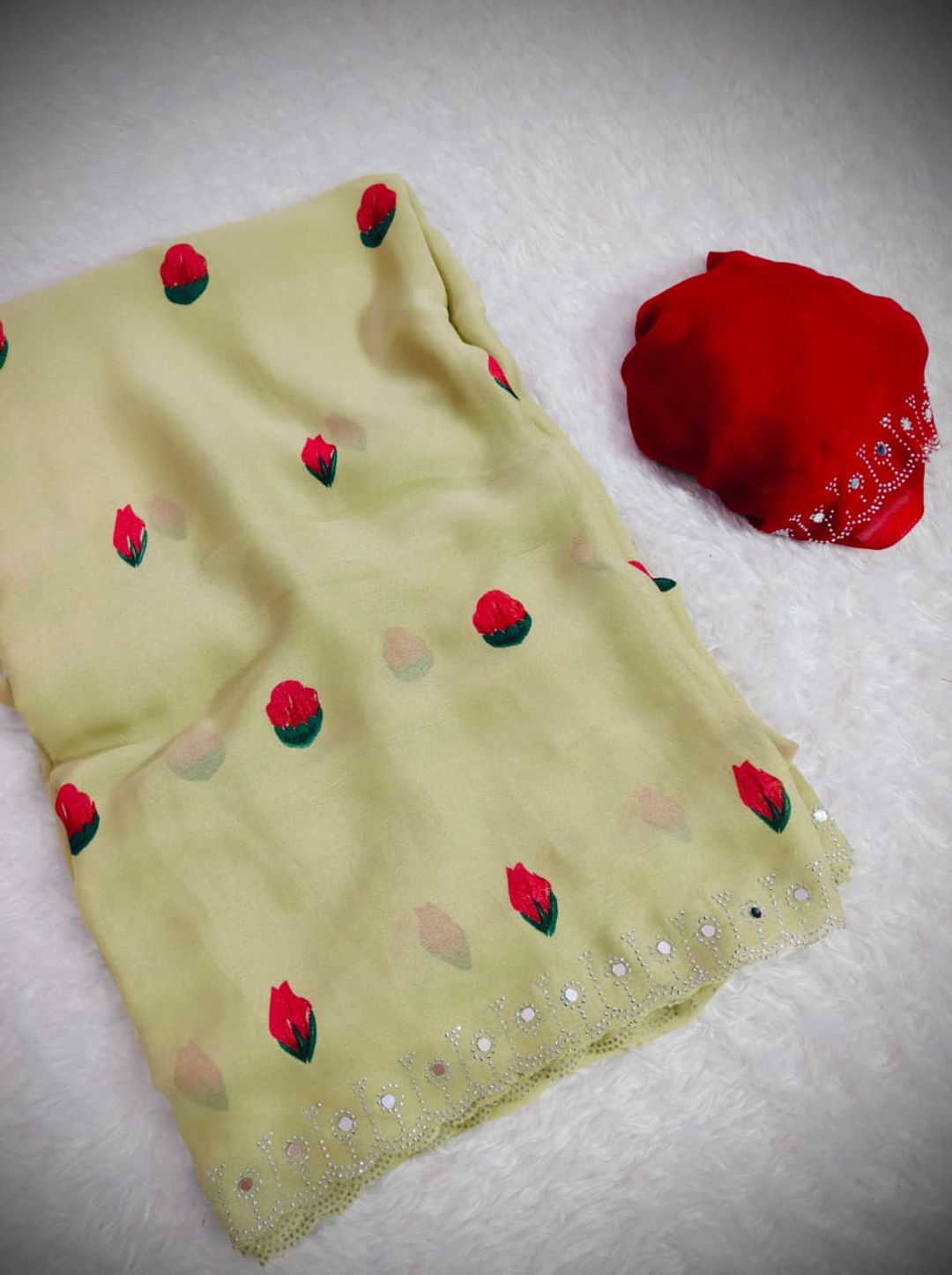Designer Rose Floral Print Mirror Work Saree with Matching Blouse for Women