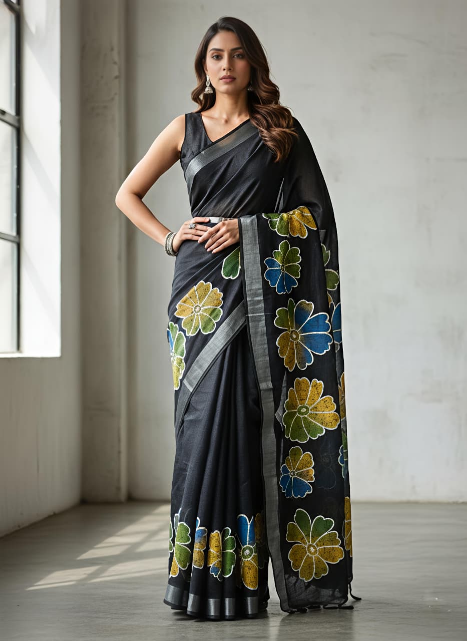 Premium Floral Print Heavy Linen Saree with Silver Border and Matching Blouse