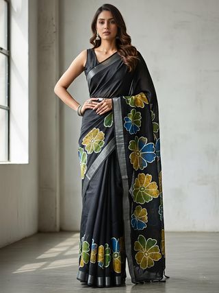 Premium Floral Print Heavy Linen Saree with Silver Border and Matching Blouse