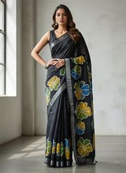 Premium Floral Print Heavy Linen Saree with Silver Border and Matching Blouse - Black